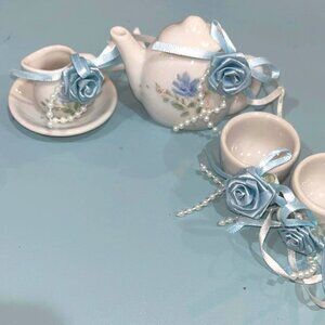 Miniature Vintage White and Blue Tea set Pot Causer Milk pourer and 2 Tea Cups